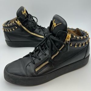 Giuseppe Zanotti Black & Gold Mens 42 Leather Mid-top Sneaker W/ Gold Piercings